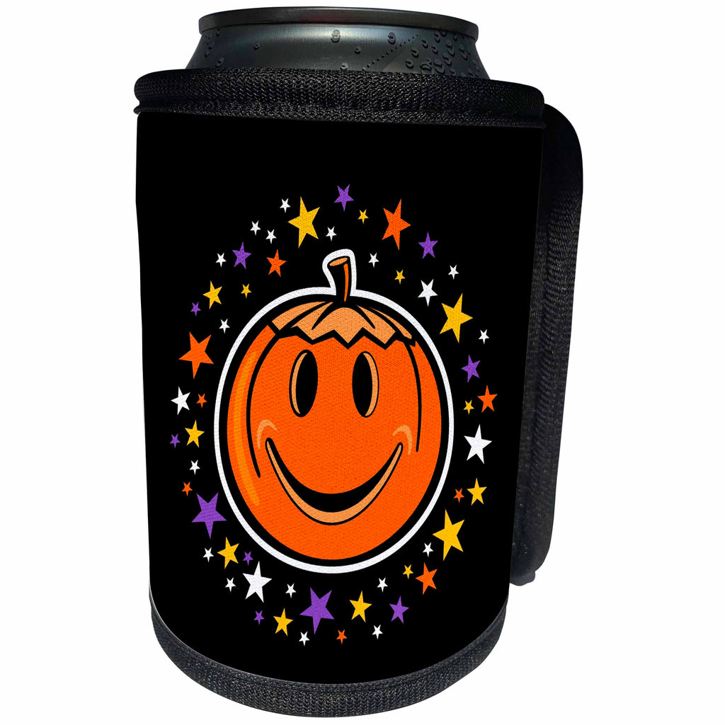 3dRose Russ Billington Designs - Fun Halloween Jack O Lantern Pumpkin with Purple Orange Stars - Can Cooler Bottle Wrap (cc_219250)