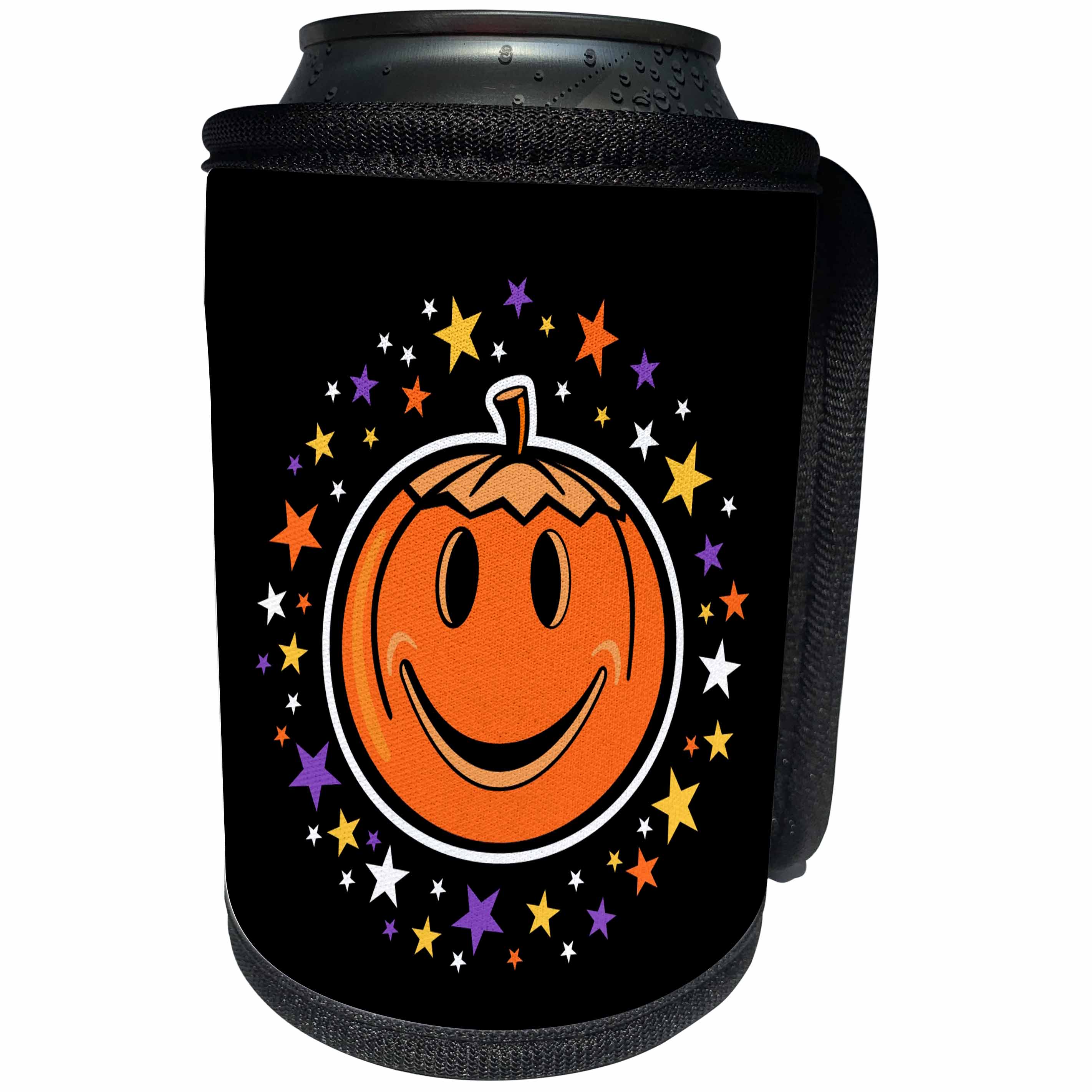 3dRose Russ Billington Designs - Fun Halloween Jack O Lantern Pumpkin with Purple Orange Stars - Can Cooler Bottle Wrap (cc_219250)