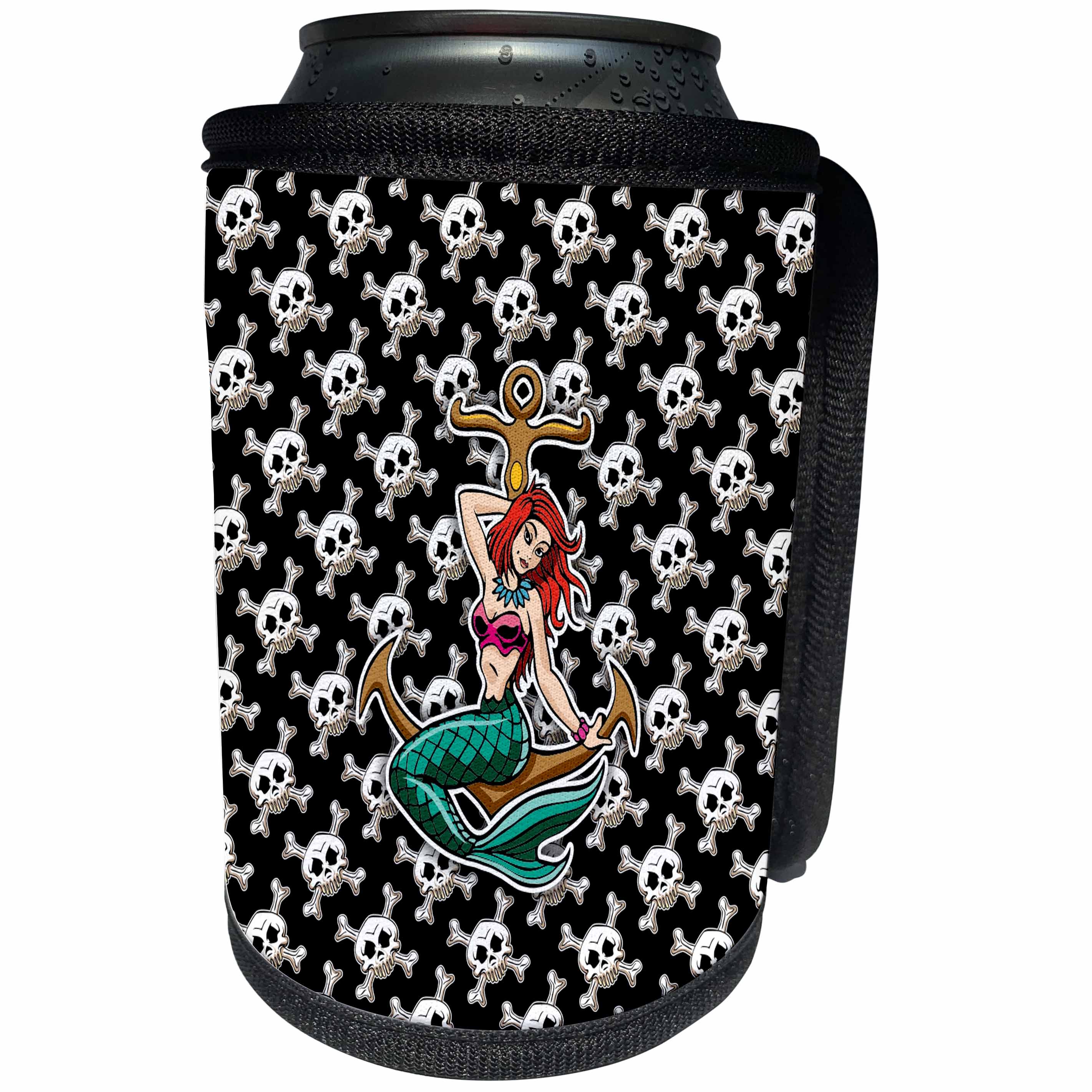 3dRose Russ Billington Designs - Pretty Mermaid and Anchor on Jolly Roger Skull and Crossbones - Can Cooler Bottle Wrap (cc_219251)
