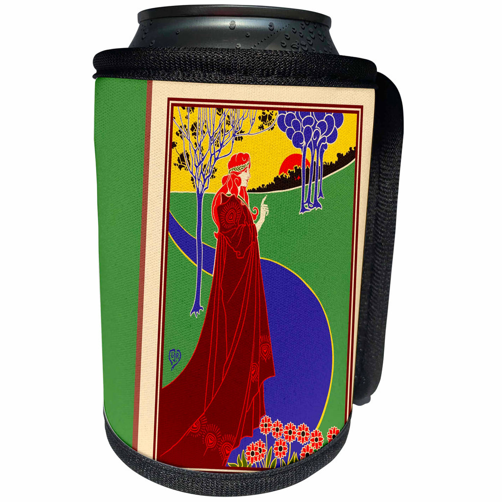 3dRose Russ Billington Designs - Pretty Art Nouveau Redhead Girl with red peacock feather dress - Can Cooler Bottle Wrap (cc_219262)