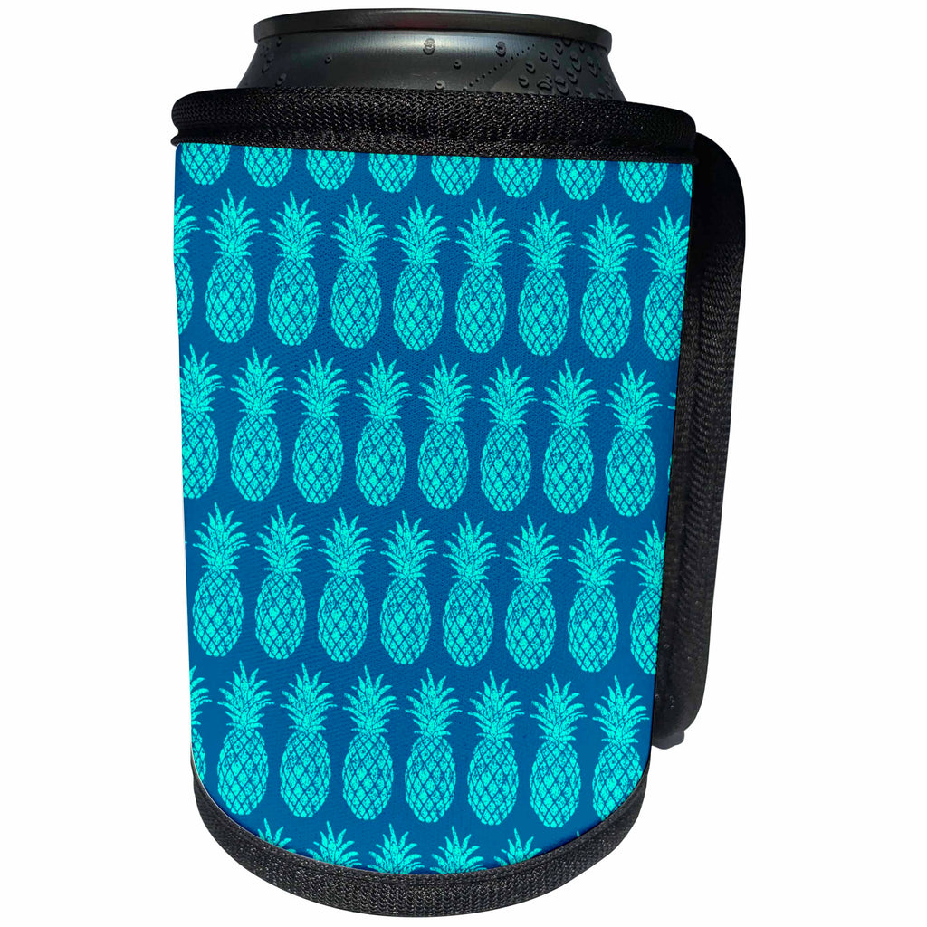 3dRose Russ Billington Patterns - Cool Tropical Pineapple Pattern in two tone aqua - Can Cooler Bottle Wrap (cc_219263)