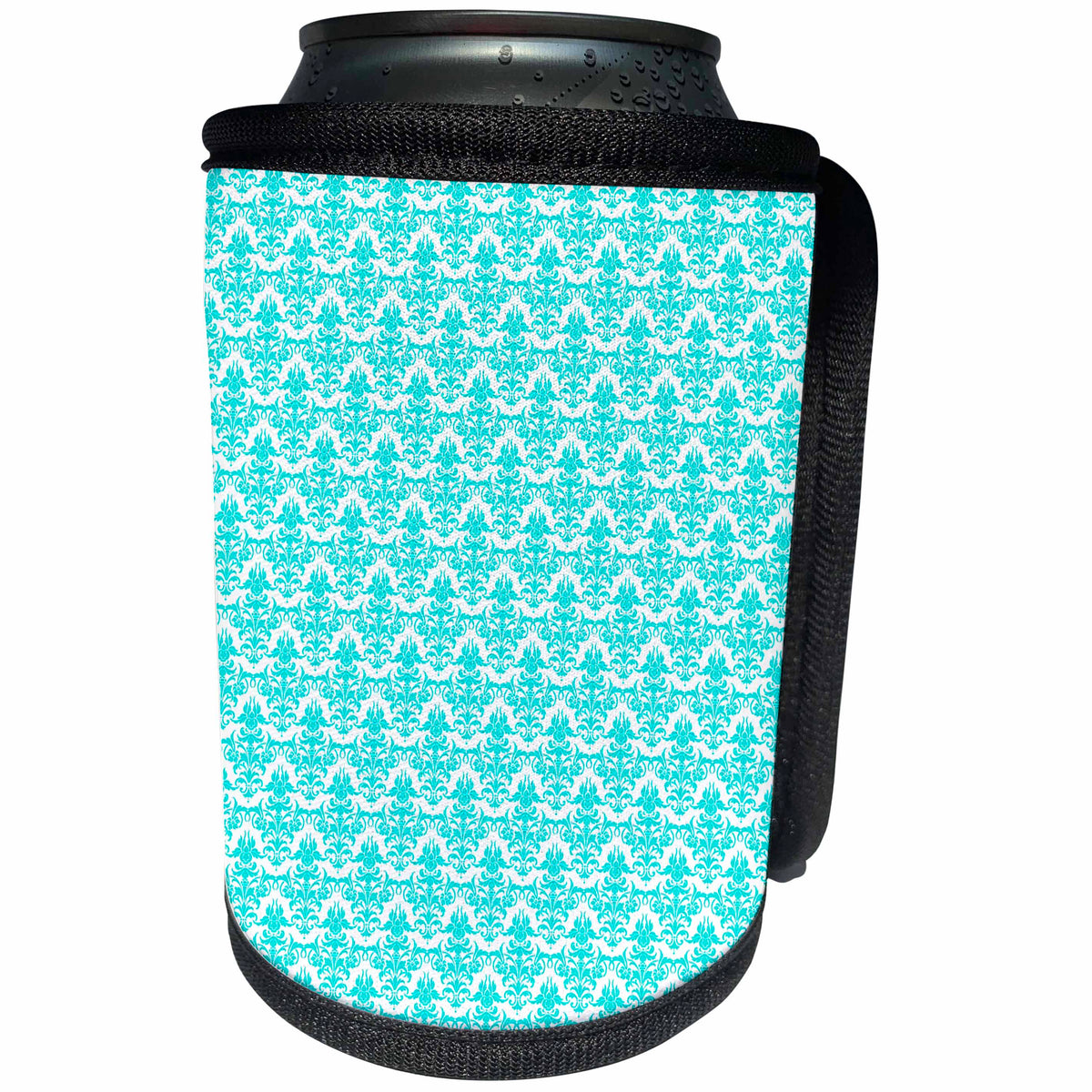 3dRose Russ Billington Patterns - Turquoise Mini-Damask Pattern over White Background - Can Cooler Bottle Wrap (cc_219272)