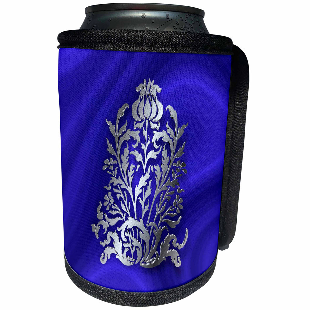 3dRose Russ Billington Designs - Art Nouveau Floral Element in Silver Effect over blue velvet - Can Cooler Bottle Wrap (cc_219276)