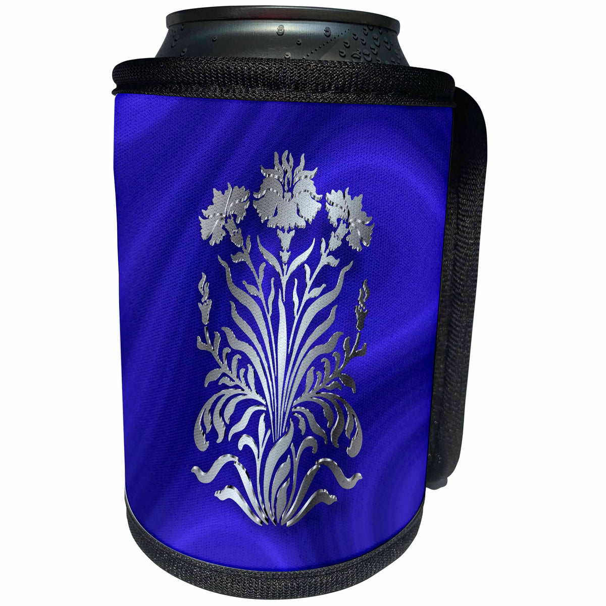 3dRose Russ Billington Designs - Art Nouveau Floral in Faux Stainless Steel Effect over blue velvet - Can Cooler Bottle Wrap (cc_219277)