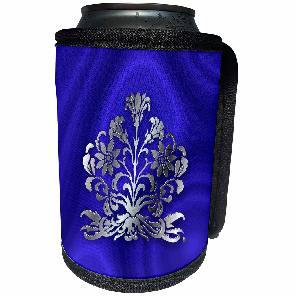 3dRose Russ Billington Designs - Photo of Art Nouveau Floral in Faux Silver Effect over blue velvet - Can Cooler Bottle Wrap (cc_219278)