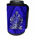3dRose Russ Billington Designs - Photo of Art Nouveau Floral in Faux Silver Effect over blue velvet - Can Cooler Bottle Wrap (cc_219278)