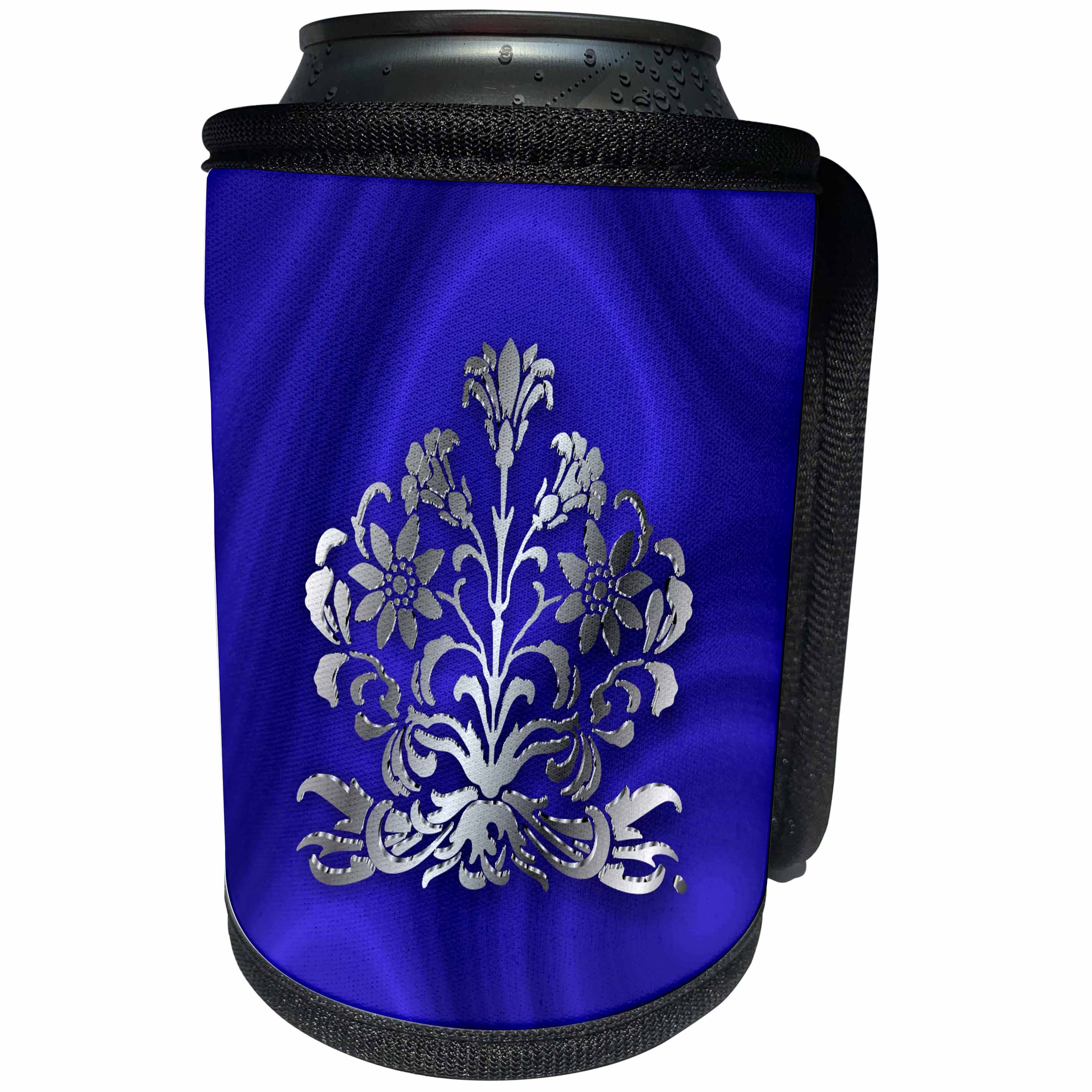 3dRose Russ Billington Designs - Photo of Art Nouveau Floral in Faux Silver Effect over blue velvet - Can Cooler Bottle Wrap (cc_219278)