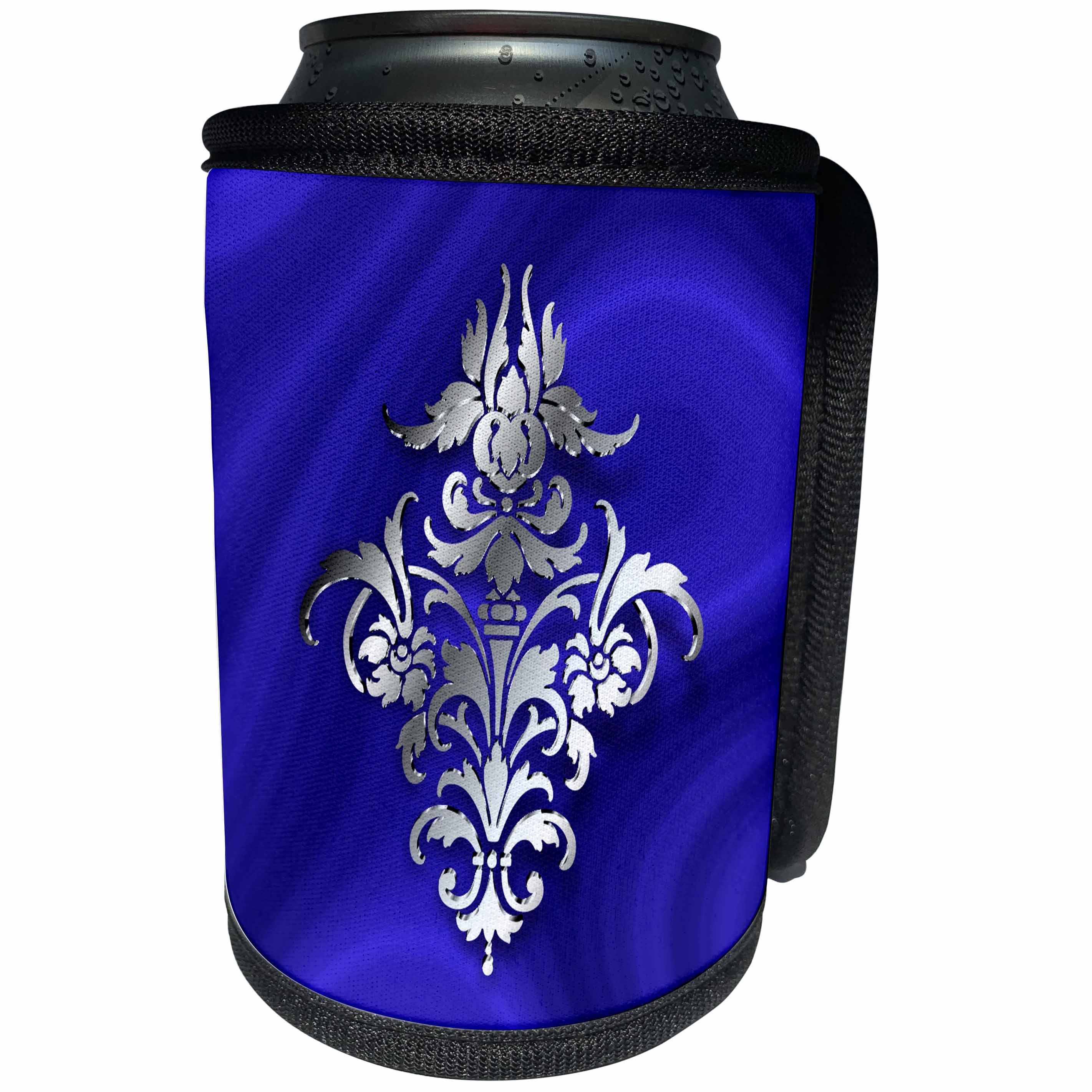 3dRose Russ Billington Designs - Photo of Damask Wallpaper Motif in Silver Effect over blue velvet - Can Cooler Bottle Wrap (cc_219279)