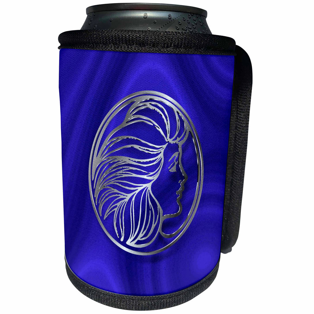 3dRose Russ Billington Designs - Photo of Art Nouveau Style Girl in Faux Silver Effect over blue velvet - Can Cooler Bottle Wrap (cc_219280)