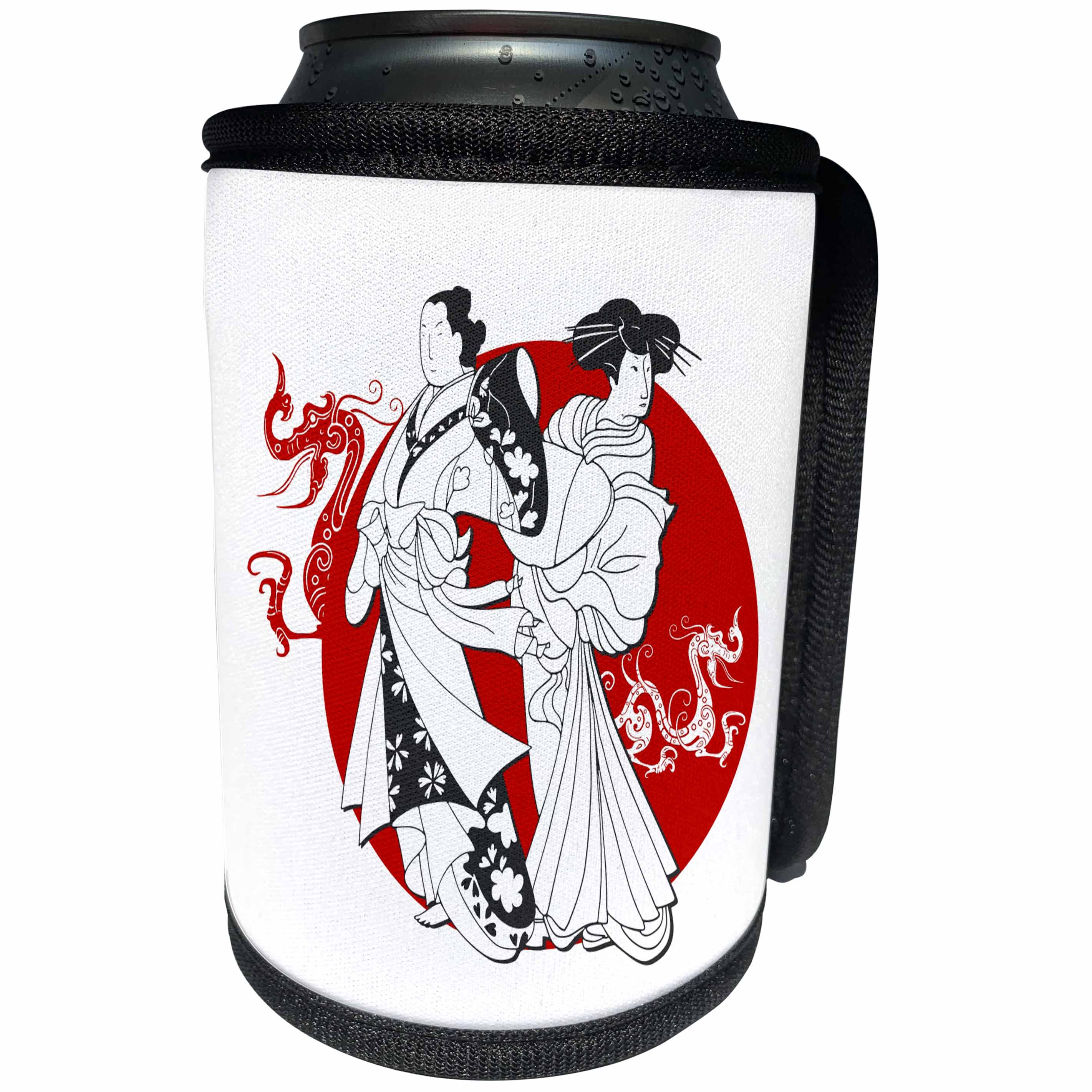 3dRose Russ Billington Designs - Stylish Japanese Couple over Red Sun and Dragon Background - Can Cooler Bottle Wrap (cc_219282)