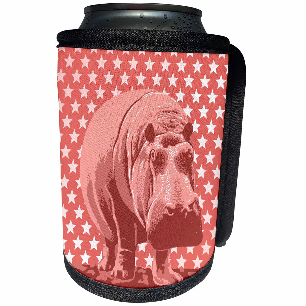 3dRose Russ Billington Designs - Quirky Pink Hippo over Pink and White Tonal Stars Pattern - Can Cooler Bottle Wrap (cc_219283)