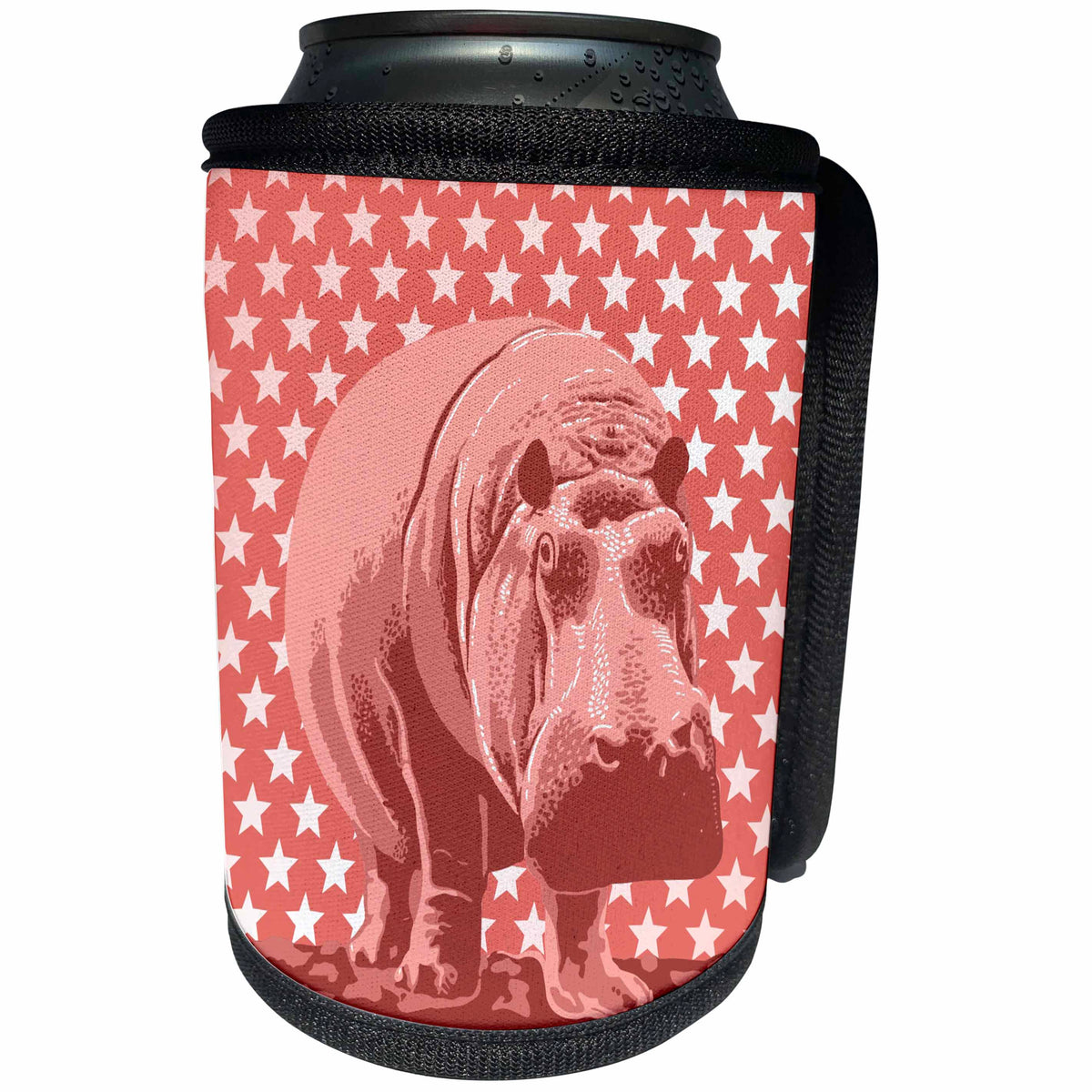 3dRose Russ Billington Designs - Quirky Pink Hippo over Pink and White Tonal Stars Pattern - Can Cooler Bottle Wrap (cc_219283)