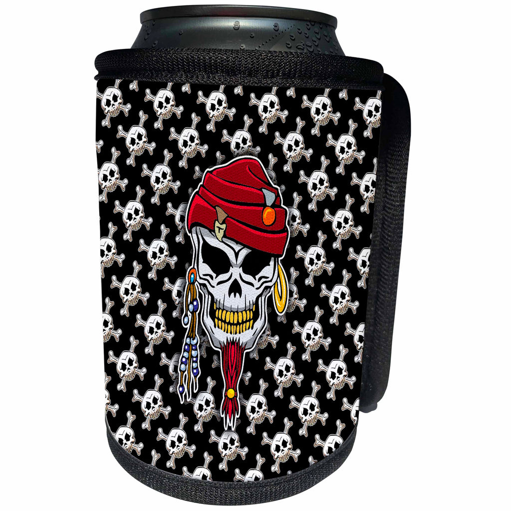 3dRose Russ Billington Designs - Pirate Skull with earrings and red goatee over skull and crossbones - Can Cooler Bottle Wrap (cc_219288)