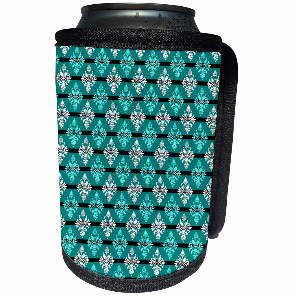 3dRose Russ Billington Patterns - Aqua and White Damask Pattern over Blue Aqua Horizontal Stripe - Can Cooler Bottle Wrap (cc_219289)