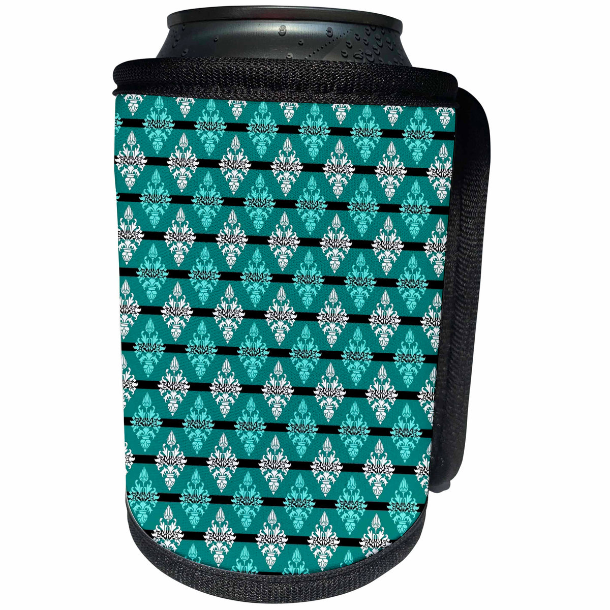 3dRose Russ Billington Patterns - Aqua and White Damask Pattern over Blue Aqua Horizontal Stripe - Can Cooler Bottle Wrap (cc_219289)