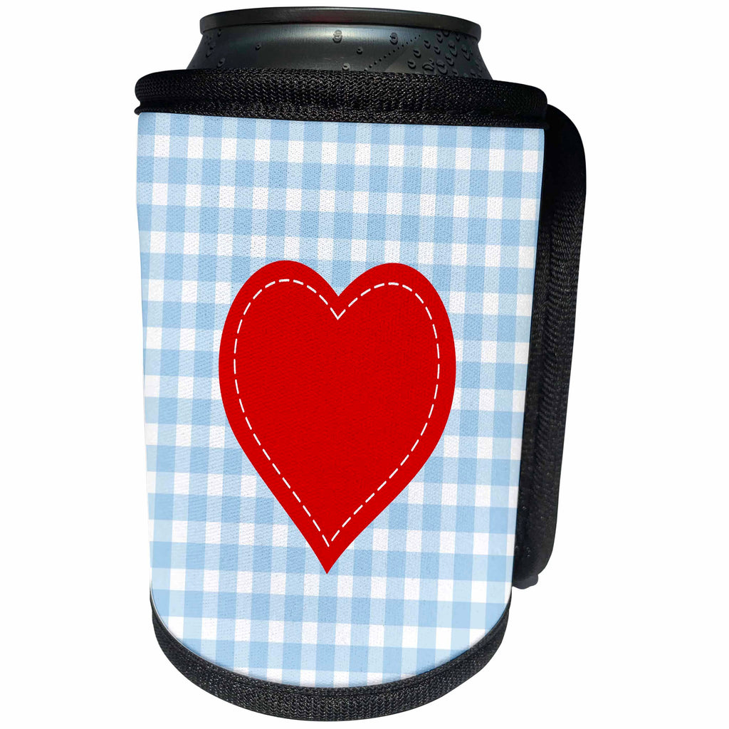 3dRose Russ Billington Designs - Red Heart with White Stitch detail over Blue Gingham - Can Cooler Bottle Wrap (cc_219291)
