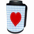 3dRose Russ Billington Designs - Red Heart with White Stitch detail over Blue Gingham - Can Cooler Bottle Wrap (cc_219291)