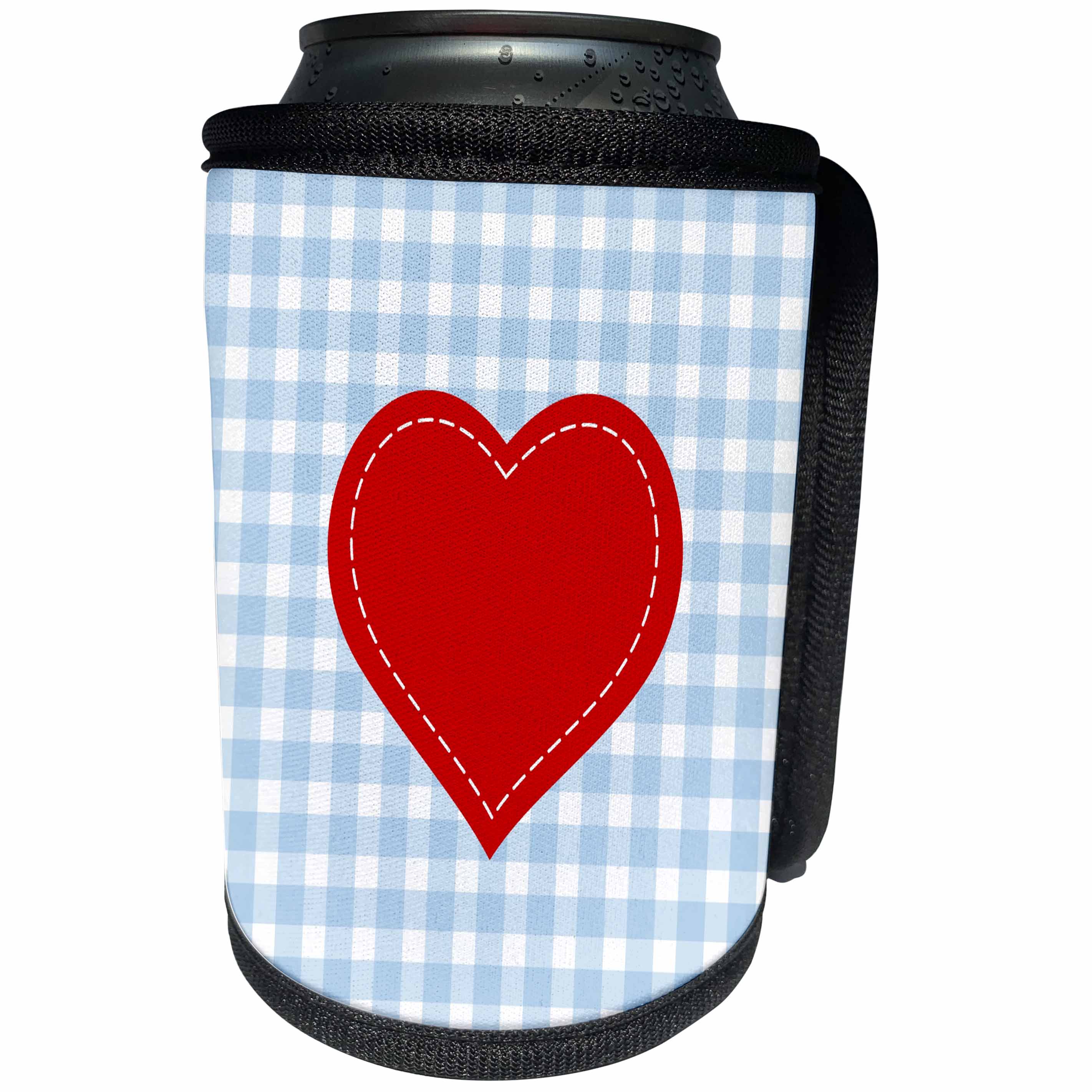 3dRose Russ Billington Designs - Red Heart with White Stitch detail over Blue Gingham - Can Cooler Bottle Wrap (cc_219291)
