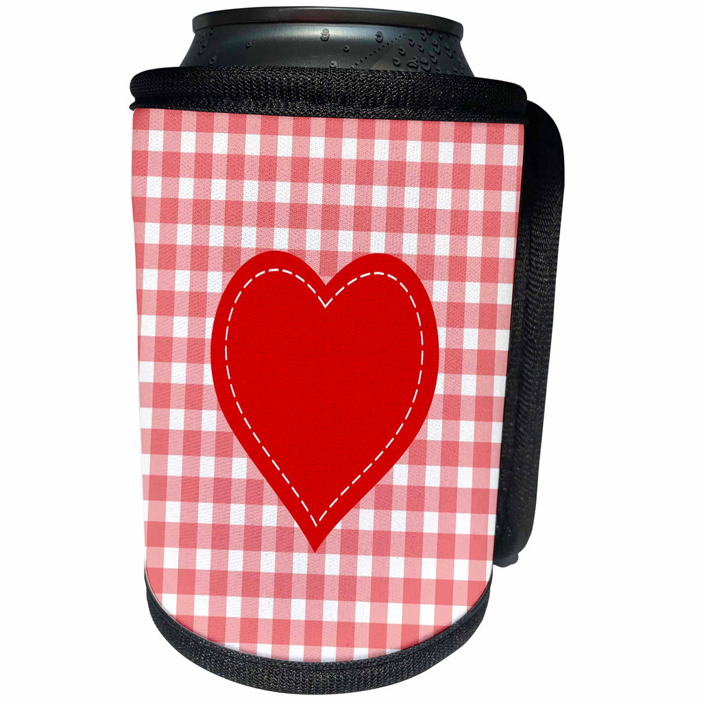 3dRose Russ Billington Designs - Red Heart with White Stitch detail over Pink Gingham - Can Cooler Bottle Wrap (cc_219293)