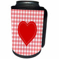 3dRose Russ Billington Designs - Red Heart with White Stitch detail over Pink Gingham - Can Cooler Bottle Wrap (cc_219293)