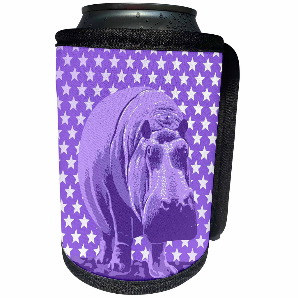 3dRose Russ Billington Designs - Quirky Purple Hippo over Purple and White Tonal Stars Pattern - Can Cooler Bottle Wrap (cc_219295)
