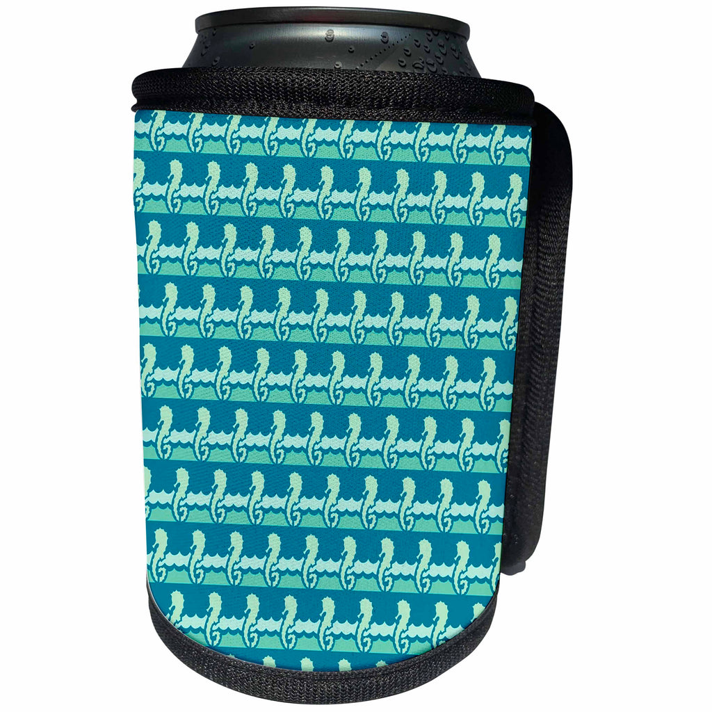 3dRose Russ Billington Patterns - Pretty Aqua and Blue Seahorses on Waves Pattern - Can Cooler Bottle Wrap (cc_219298)