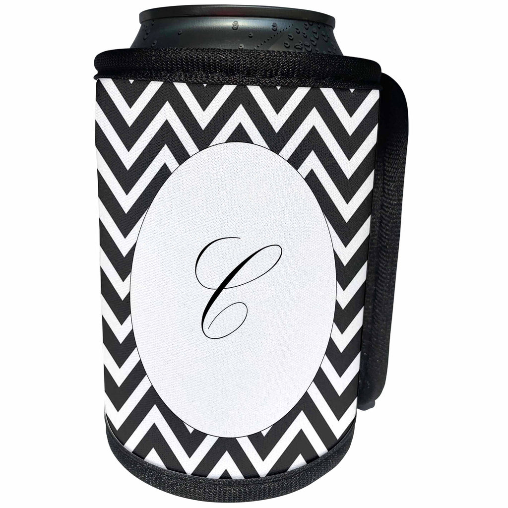 3dRose Florene - Initials - Print of Script C On Black White Chevron Stripes - Can Cooler Bottle Wrap (cc_220946)