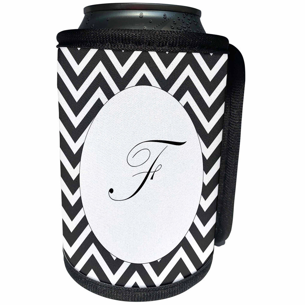 3dRose Florene - Initials - Print of Script F On Black White Chevron Stripes - Can Cooler Bottle Wrap (cc_220949)