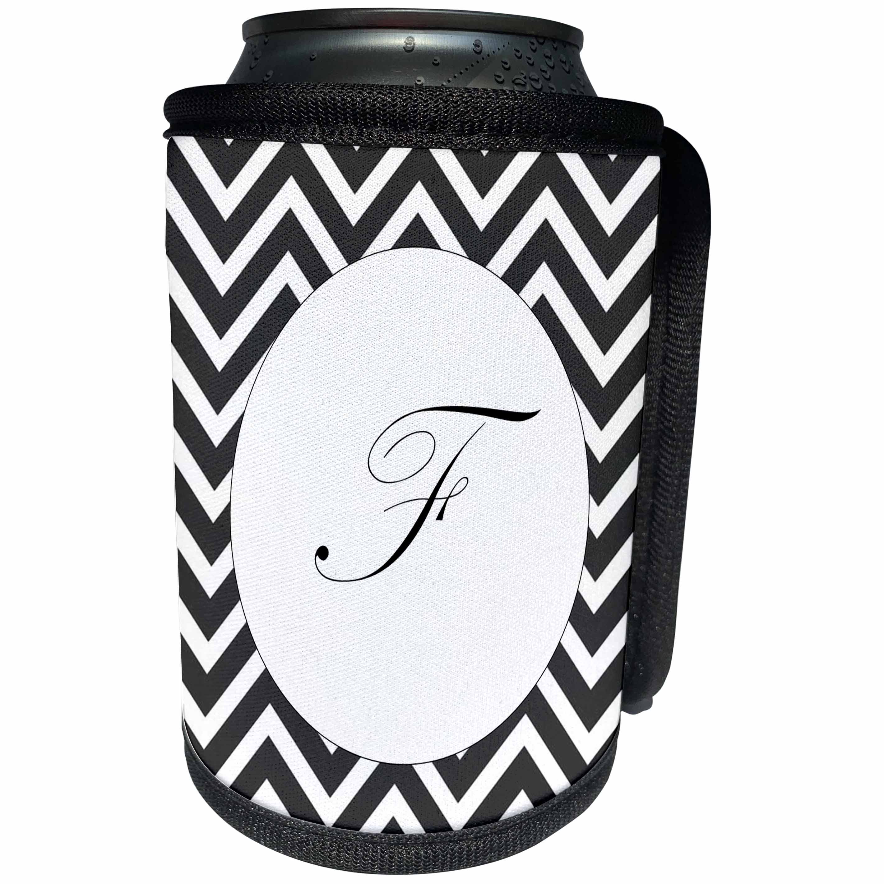 3dRose Florene - Initials - Print of Script F On Black White Chevron Stripes - Can Cooler Bottle Wrap (cc_220949)