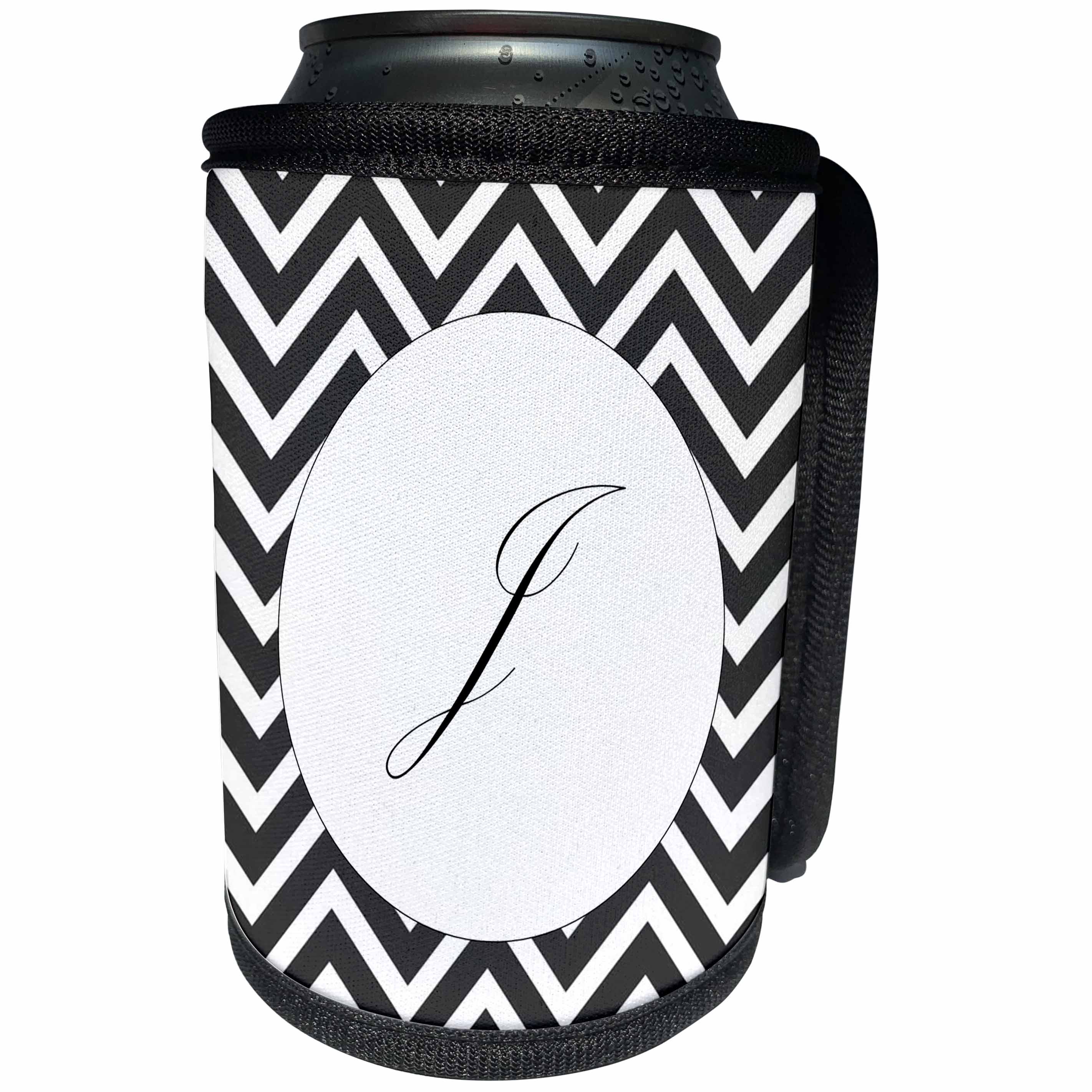 3dRose Florene - Initials - Print of Script J On Black White Chevron Stripes - Can Cooler Bottle Wrap (cc_220953)