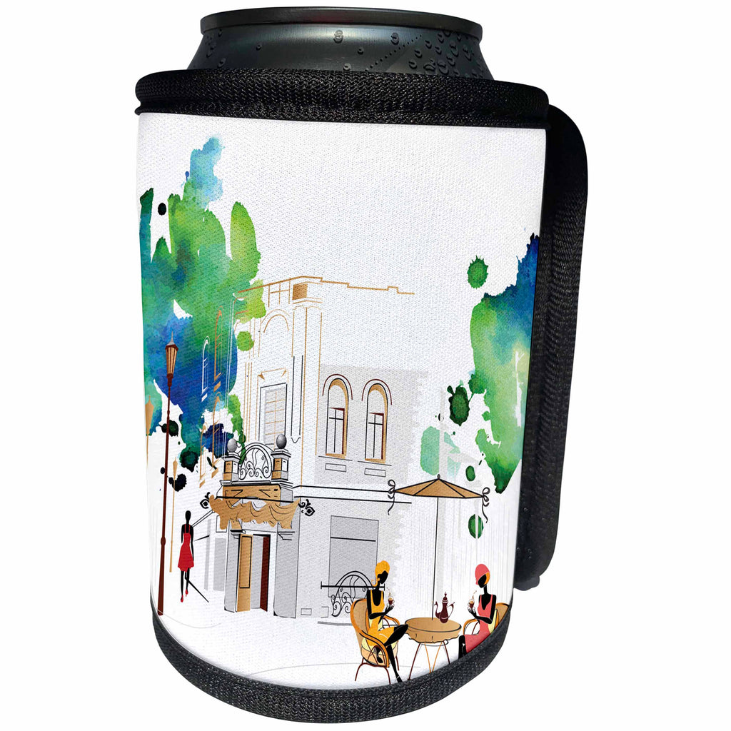 3dRose TNMGraphics France - French Café With Watercolor Trees - Can Cooler Bottle Wrap (cc_221378)