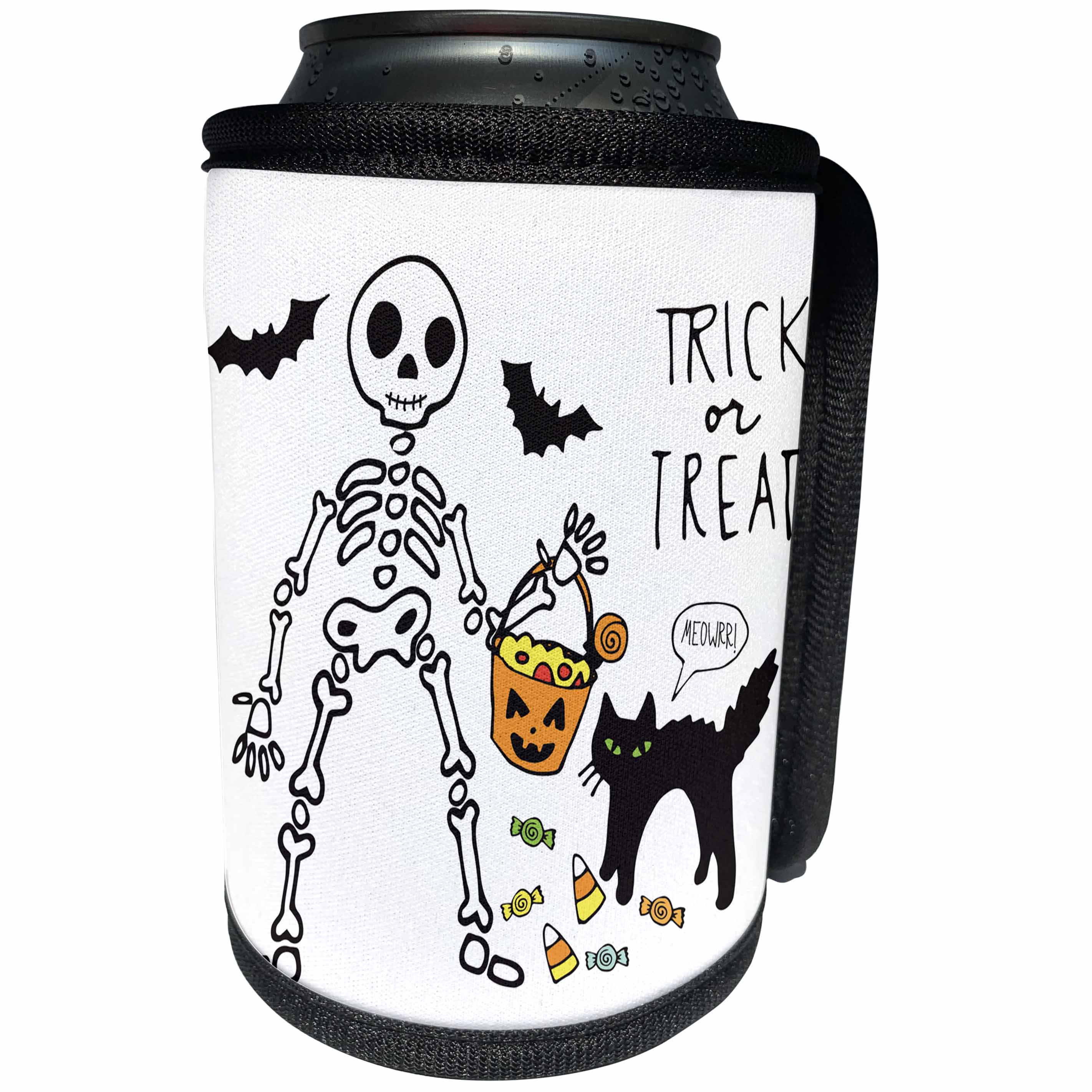 3dRose TNMGraphics Halloween - Skeleton and Cat Trick or Treat - Can Cooler Bottle Wrap (cc_221384)