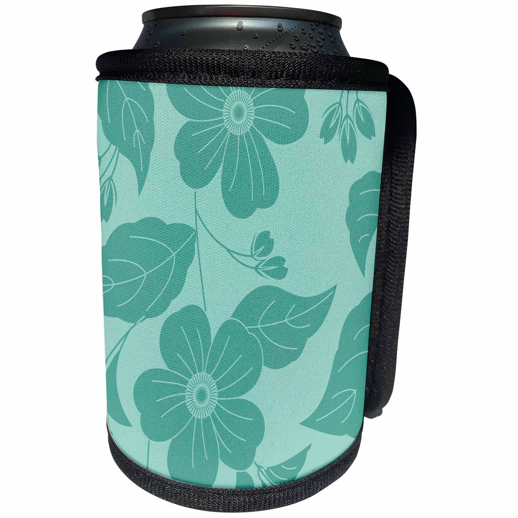 3dRose Anne Marie Baugh - Flowers - Teal On Teal Flowers and Leaves - Can Cooler Bottle Wrap (cc_222410)