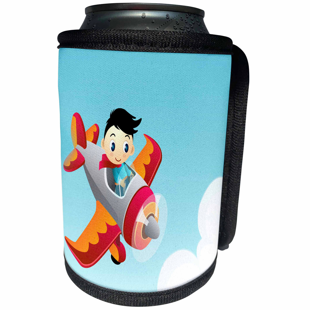 3dRose Anne Marie Baugh - Planes - Cute Boy In A Flying Plane Design - Can Cooler Bottle Wrap (cc_222413)