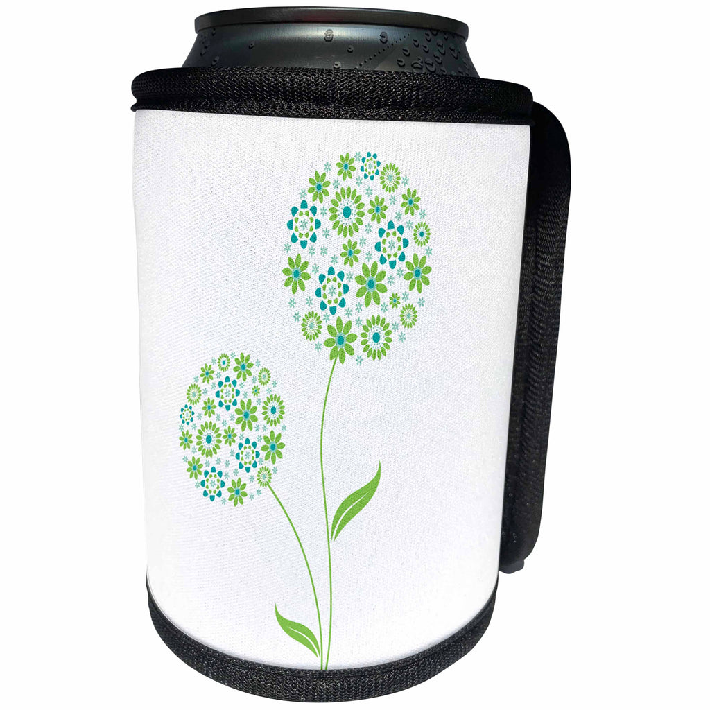 3dRose Anne Marie Baugh - Flowers - Contemporary Green and Blue Flowers In A Circle Design - Can Cooler Bottle Wrap (cc_222415)