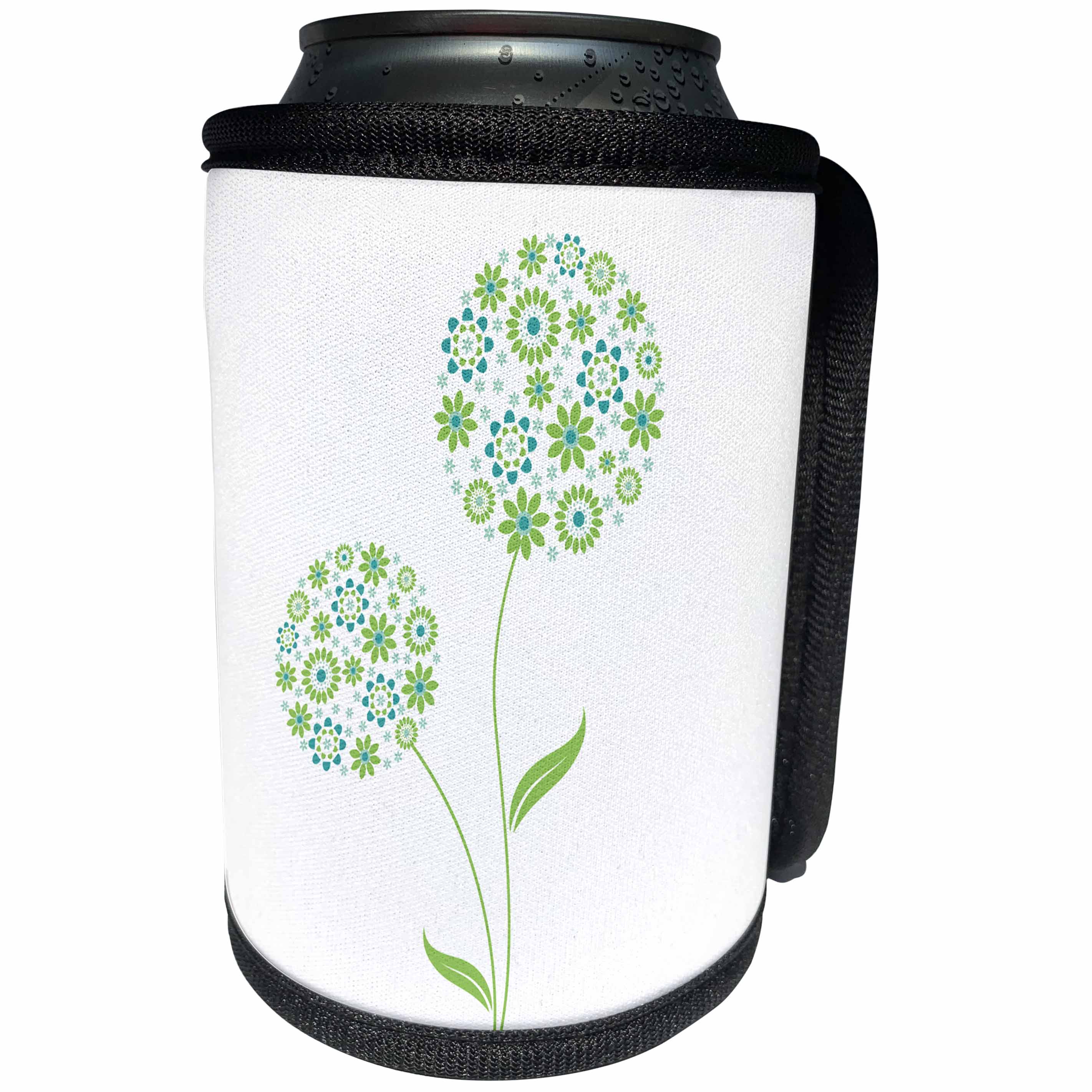 3dRose Anne Marie Baugh - Flowers - Contemporary Green and Blue Flowers In A Circle Design - Can Cooler Bottle Wrap (cc_222415)