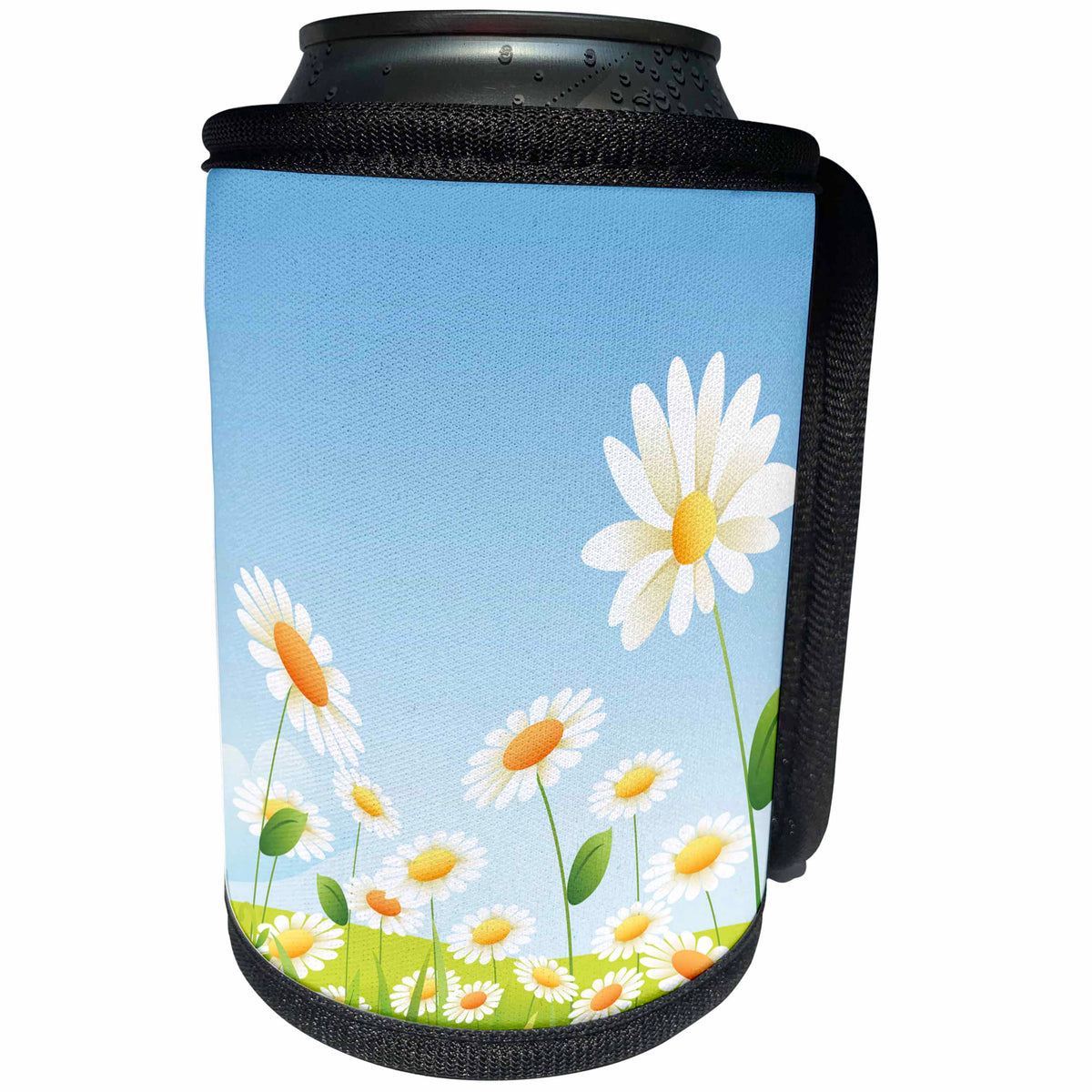 3dRose Anne Marie Baugh - Flowers - Cute Field Of White and Yellow Daisies Design - Can Cooler Bottle Wrap (cc_222420)
