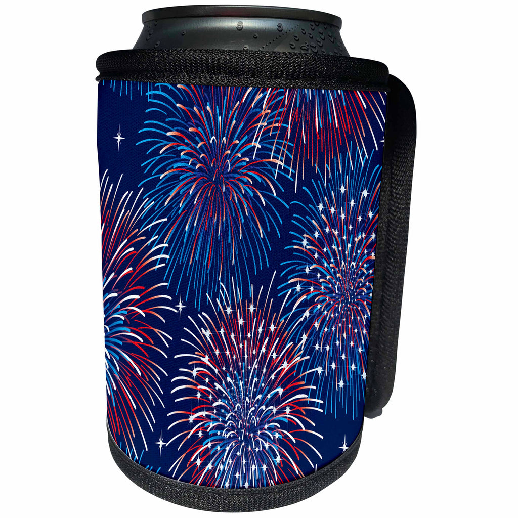 3dRose Anne Marie Baugh - Patriotic - Bursting Red, White, and Blue Fireworks Design - Can Cooler Bottle Wrap (cc_222440)