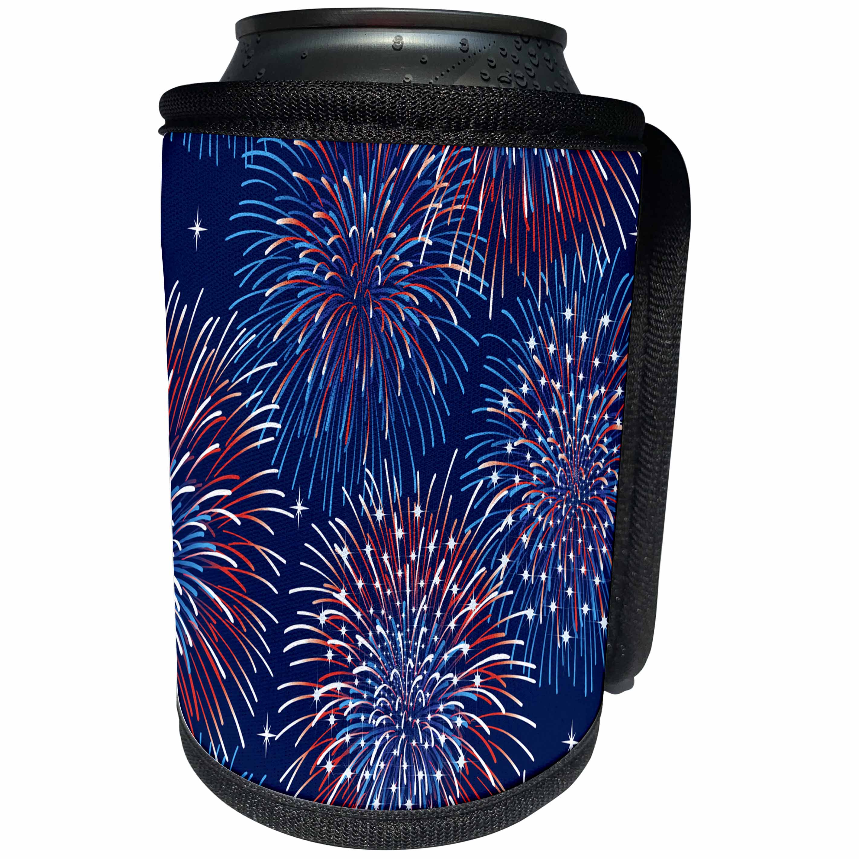 3dRose Anne Marie Baugh - Patriotic - Bursting Red, White, and Blue Fireworks Design - Can Cooler Bottle Wrap (cc_222440)