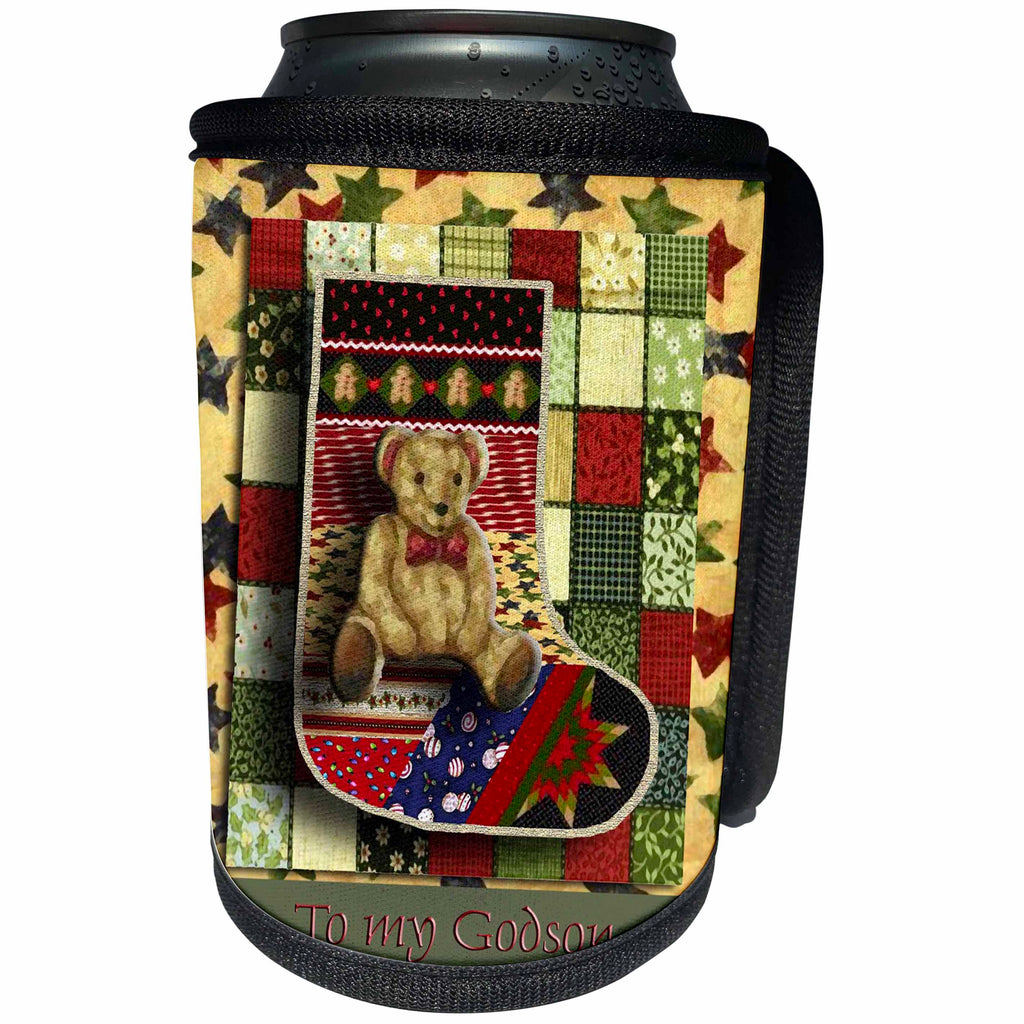 3dRose Beverly Turner Christmas Design - Teddy Bear Stocking to my Godson Stars - Can Cooler Bottle Wrap (cc_22446)