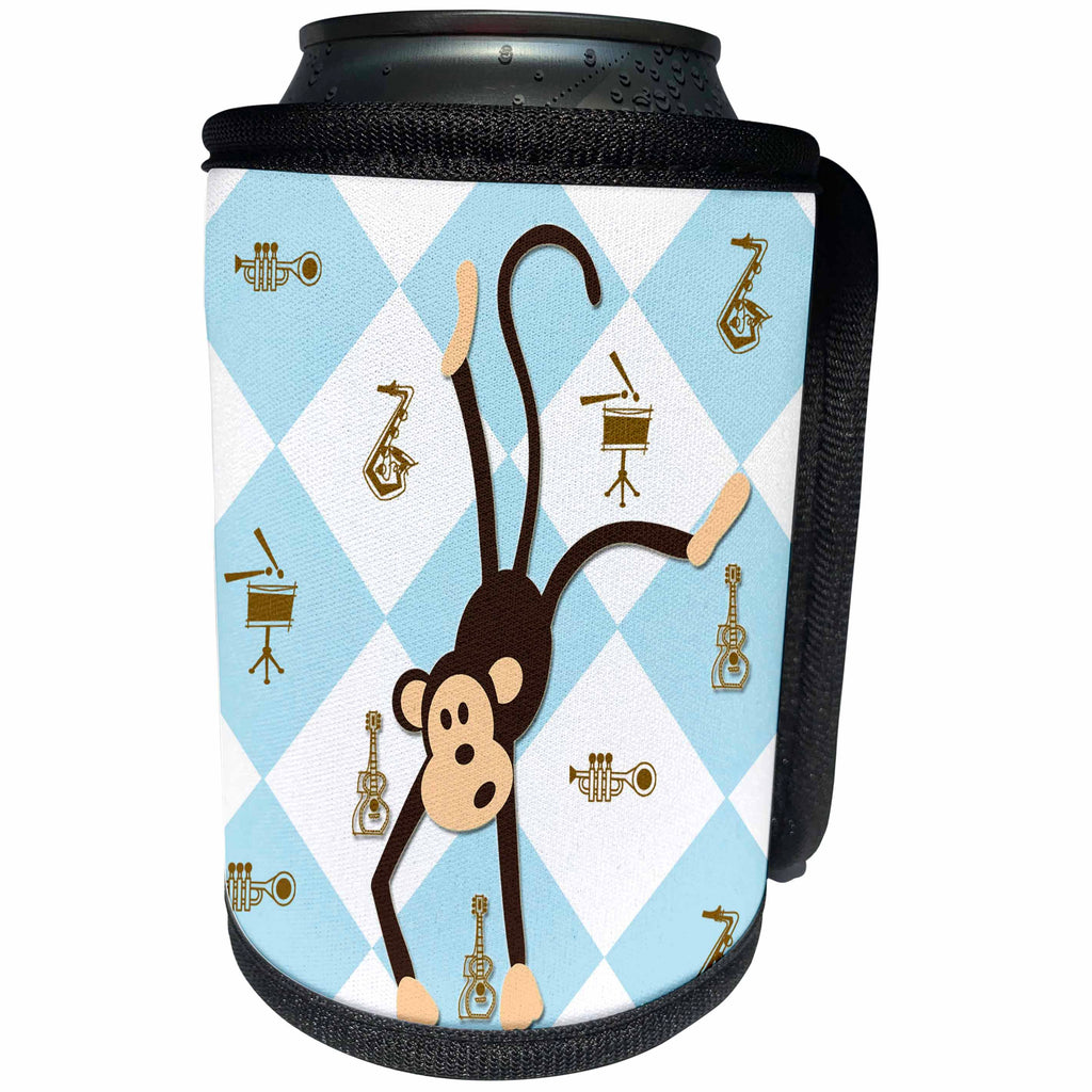 3dRose RinaPiro - Kids - Dancing Monkey. Blue. Musical Instruments. Kids Décor. Cool print. - Can Cooler Bottle Wrap (cc_224461)