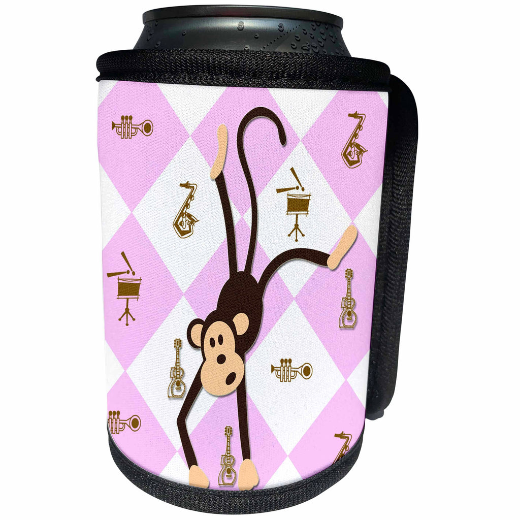 3dRose RinaPiro - Kids - Dancing Monkey. Pink. Musical Instruments. Kids Décor. Cool print. - Can Cooler Bottle Wrap (cc_224462)