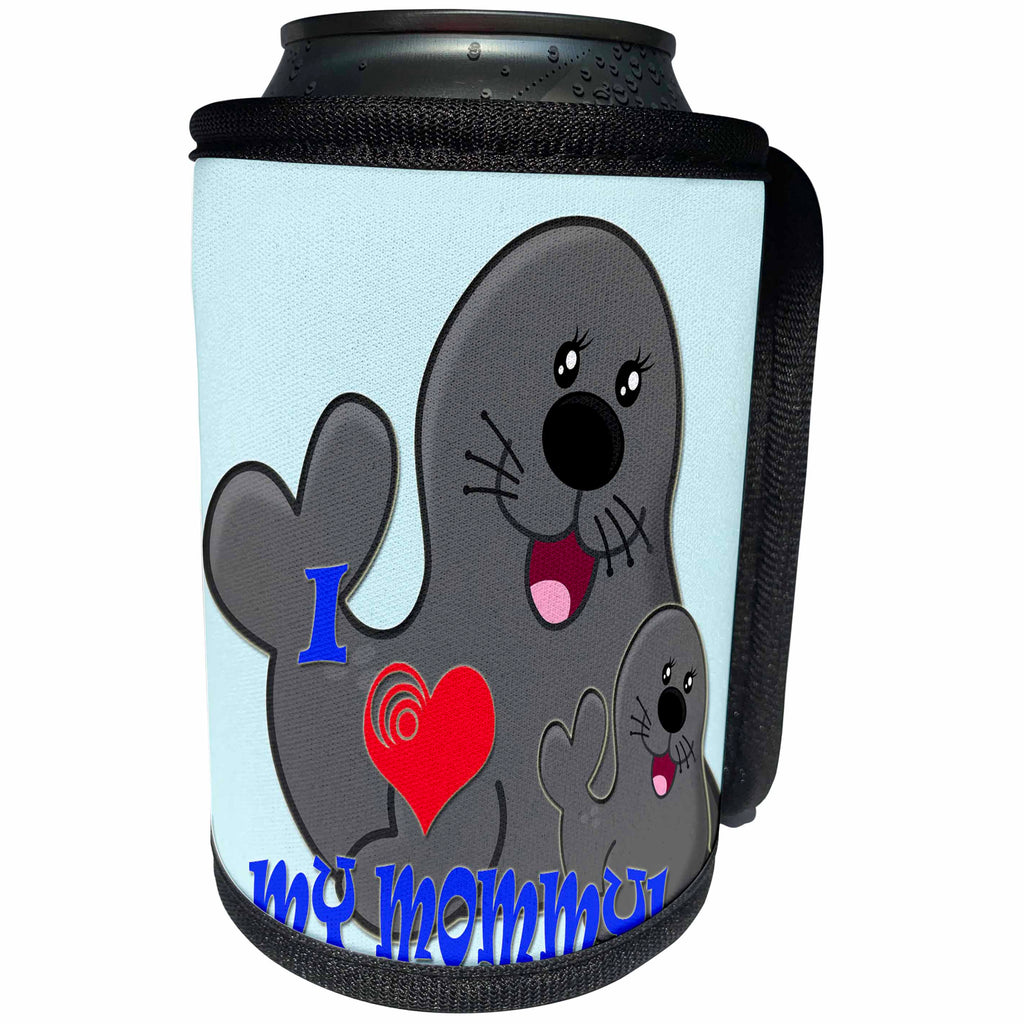 3dRose RinaPiro - Love Quotes - I Love my Mommy. Seals. Blue. Kids décor. - Can Cooler Bottle Wrap (cc_224467)
