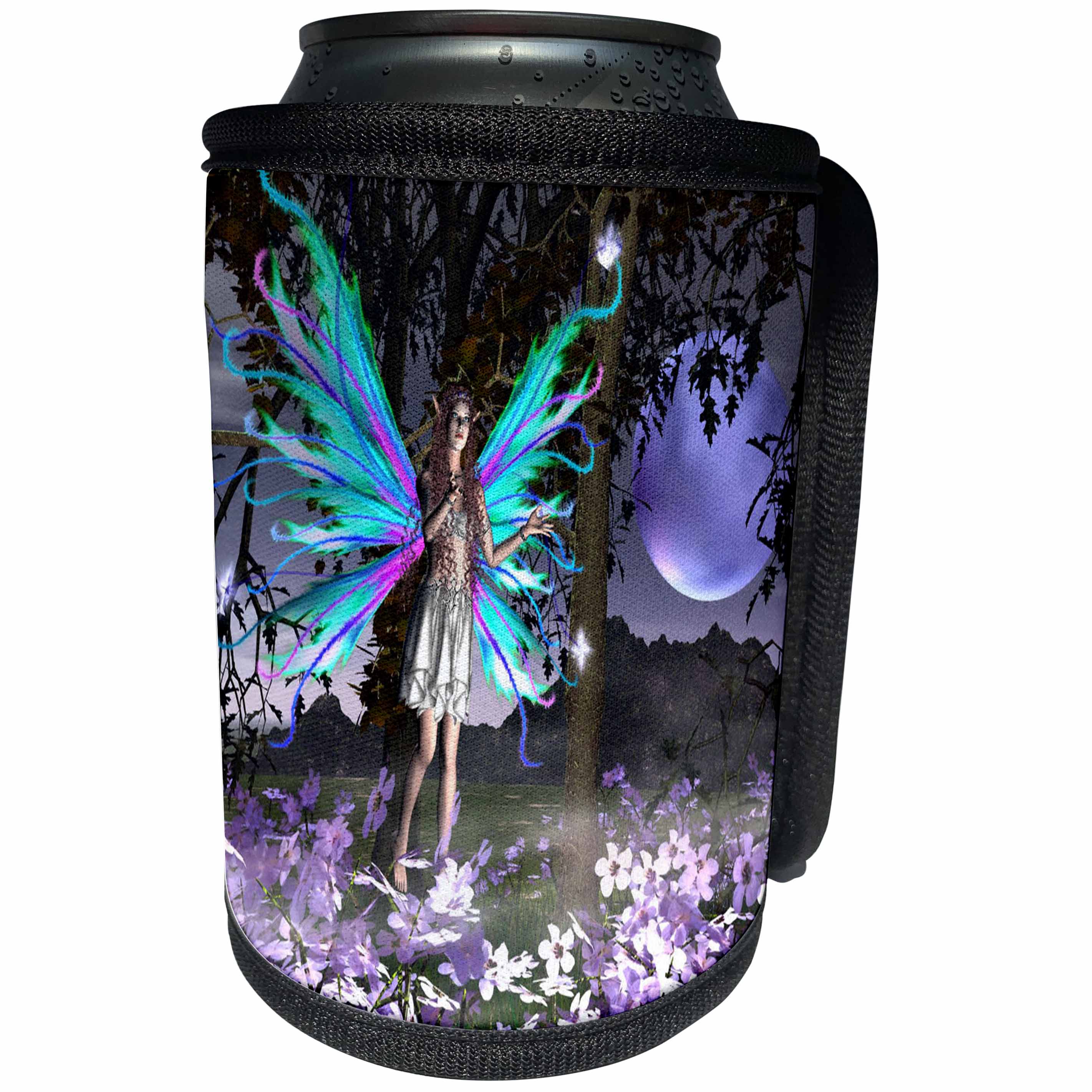 3dRose WhiteOak Art Designs Fairy Prints - Delighted A fairy with flowers - Can Cooler Bottle Wrap (cc_22527)