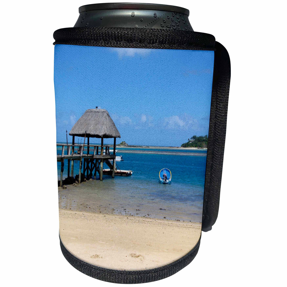 3dRose Albom Design Seascapes - Exotic and Tropical Fiji Beach with Thatched Roof Pier - Can Cooler Bottle Wrap (cc_22786)