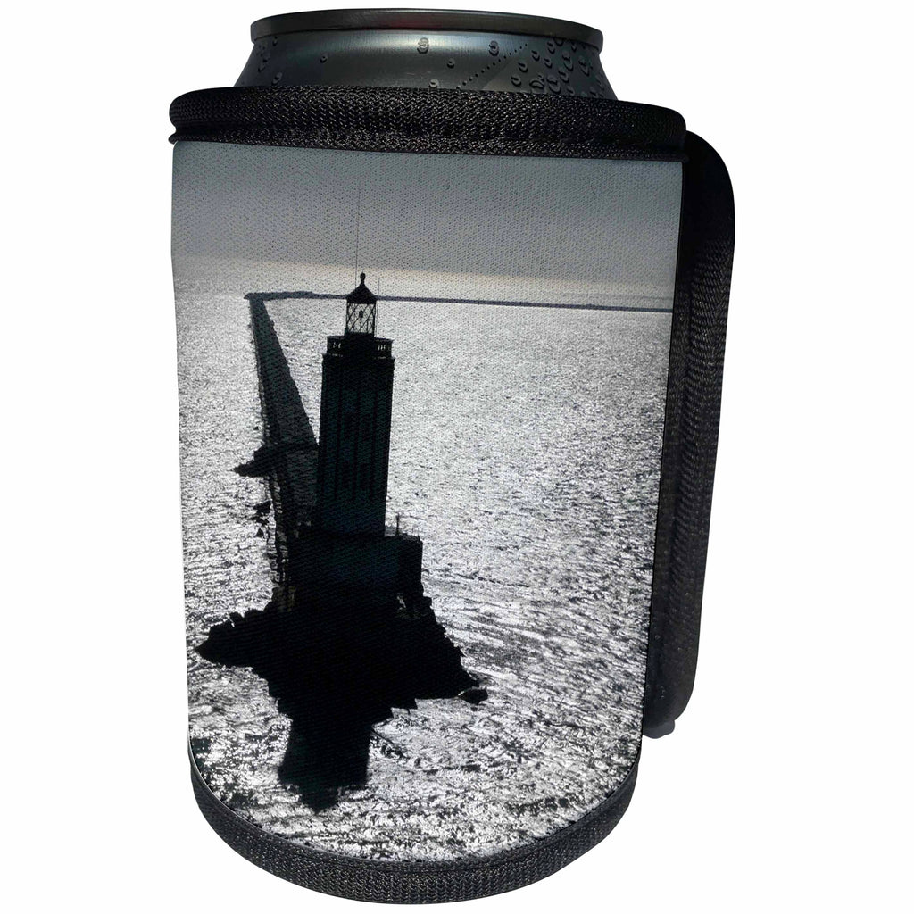 3dRose Albom Design Seascapes - Lighthouse at the End of a Long Breakwater Long Beach California USA - Can Cooler Bottle Wrap (cc_22793)
