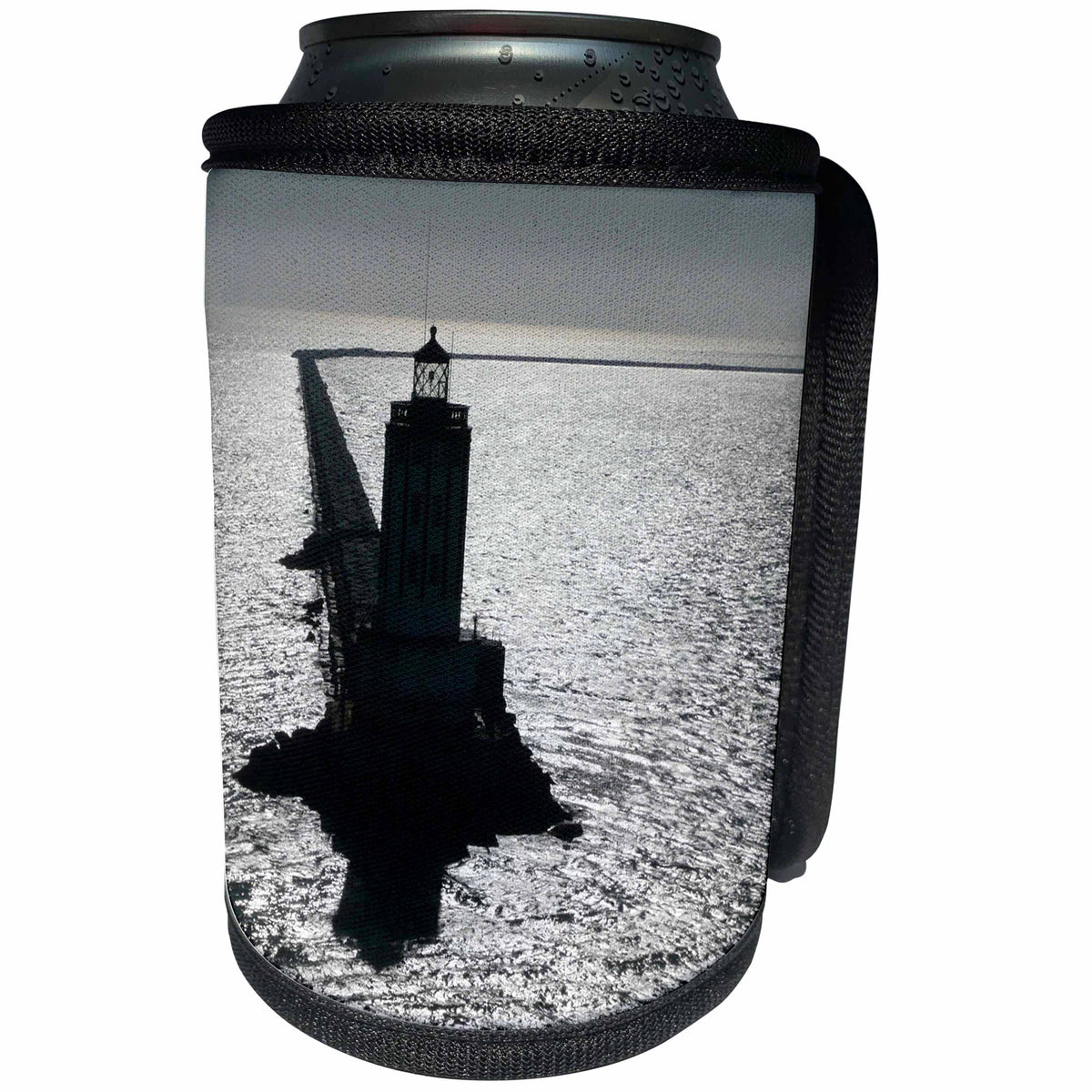 3dRose Albom Design Seascapes - Lighthouse at the End of a Long Breakwater Long Beach California USA - Can Cooler Bottle Wrap (cc_22793)