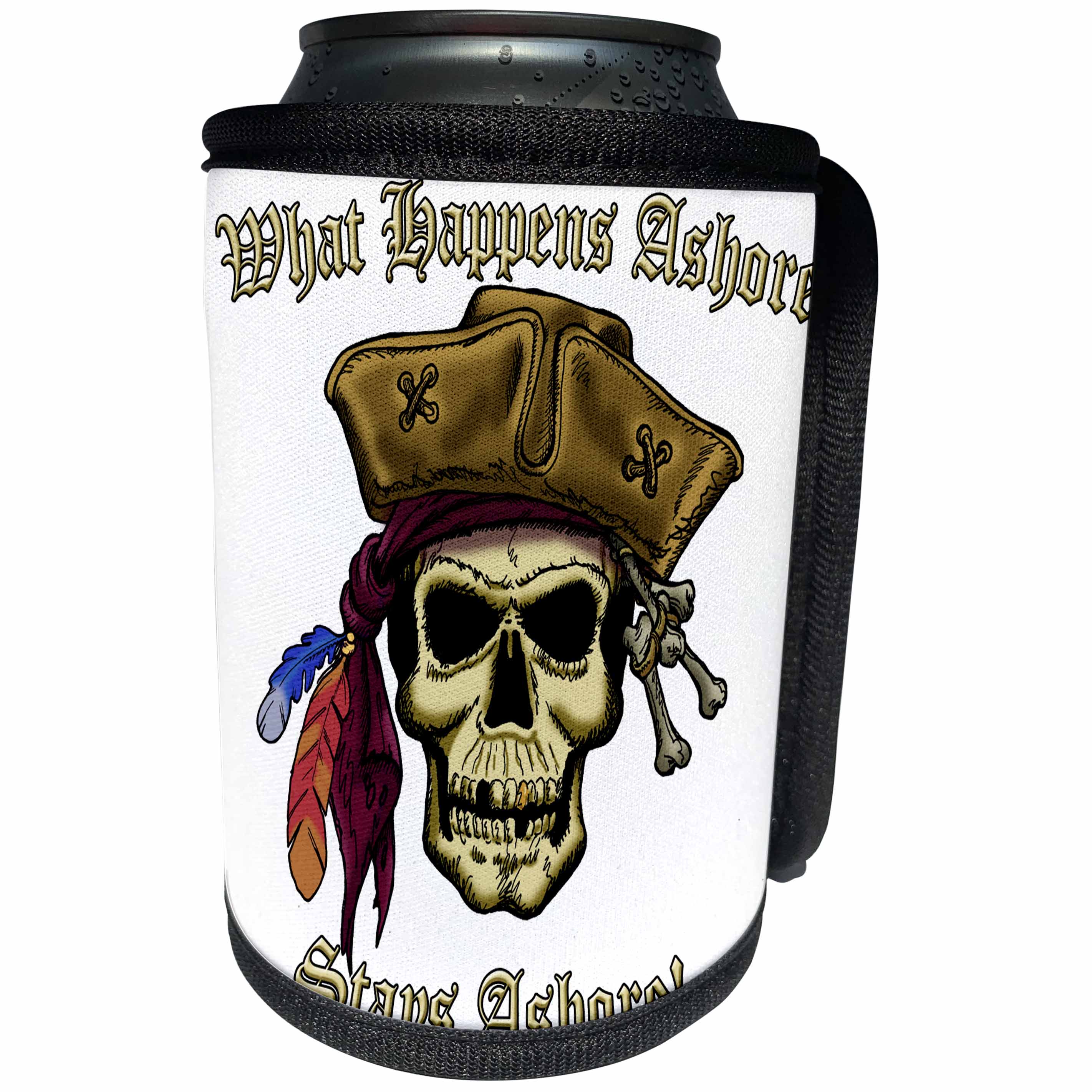 3dRose Jack of Arts Pirates - PIRATE SKULL WITH What Happens Ashore - Can Cooler Bottle Wrap (cc_22839)