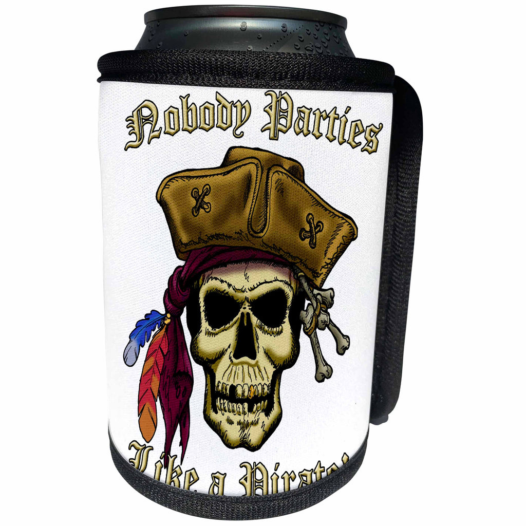 3dRose Jack of Arts Pirates - PIRATE SKULL WITH Nobody Parties Like A Pirate - Can Cooler Bottle Wrap (cc_22841)