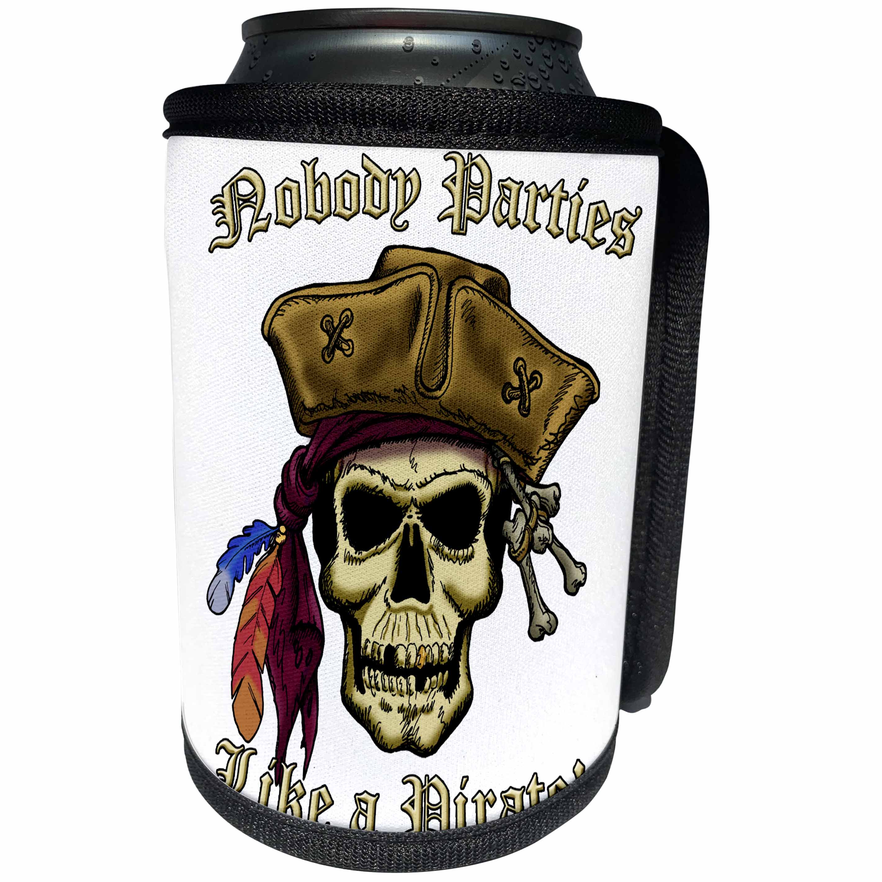 3dRose Jack of Arts Pirates - PIRATE SKULL WITH Nobody Parties Like A Pirate - Can Cooler Bottle Wrap (cc_22841)